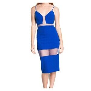 DRESS THE POPULATION Dress Womens Sz L MICAELA Midi bodycon Blue Glam Sheer New
